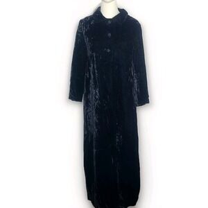 Vtg 60s/70s Black Crushed Velvet Opera‎ Maxi Formal Coat Rhinestone Buttons